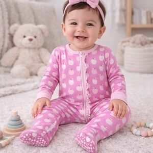 NEW KicKee Pants Pink Apple Muffin Ruffle Footie 2-Way Zipper 12-18M